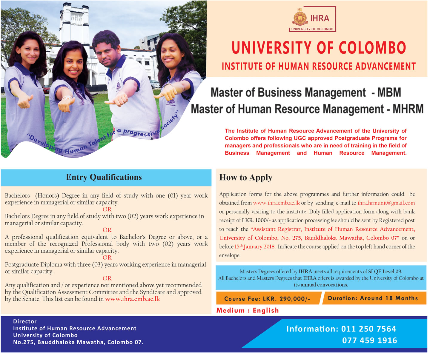 Master of Business Management (MBM), Master of Human Resource Management (MHRM) - Institute of Human Resource Advancement - University of Colombo